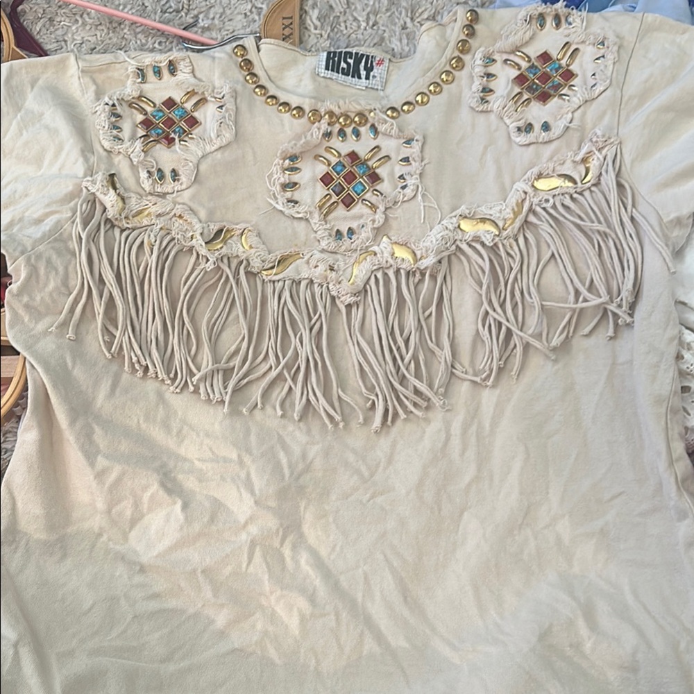 Sky Cream Embellished Fringe Top